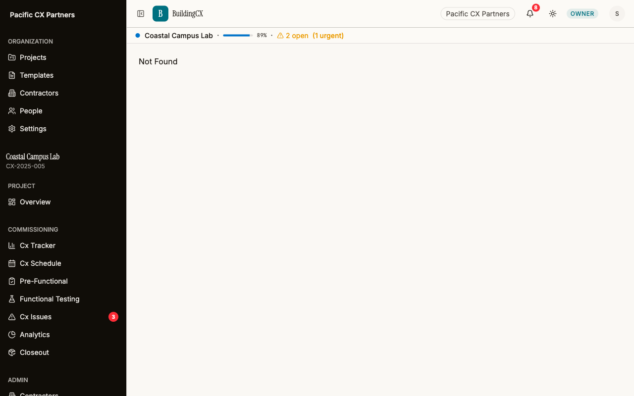 BuildingCX pre-functional checklist form with checkboxes, measured values, and digital signatures