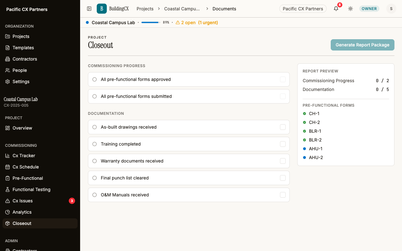 BuildingCX closeout document checklist showing completion status for handover items