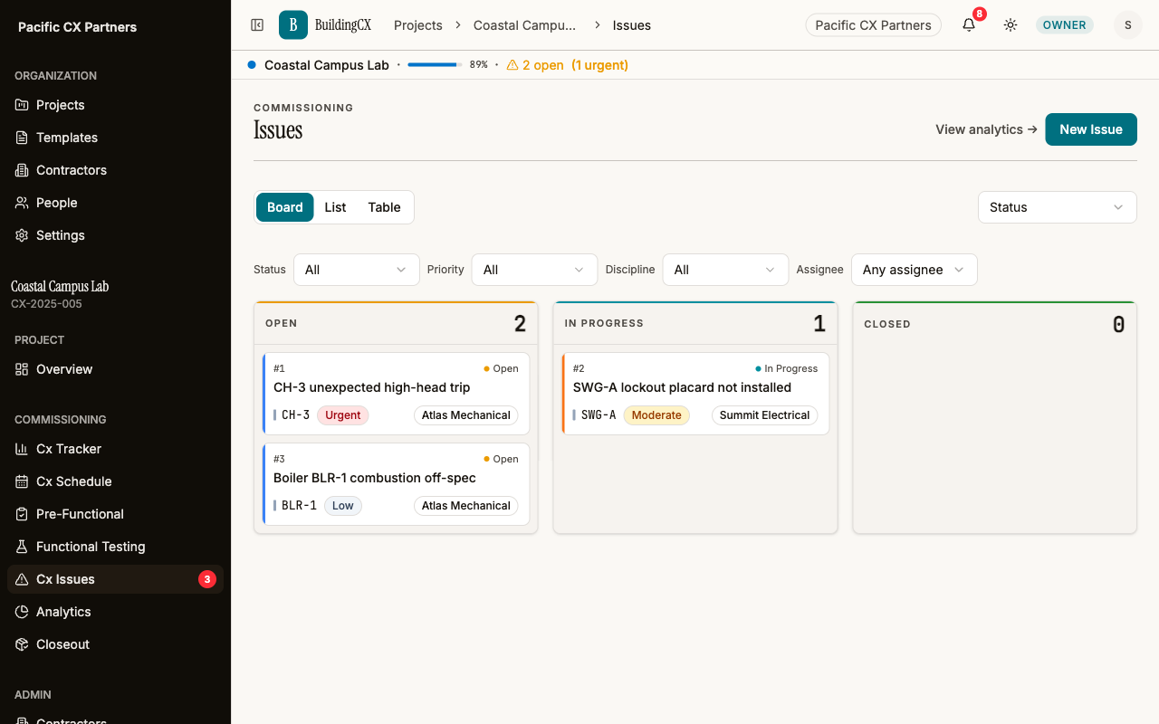 BuildingCX issue tracking Kanban board with cards showing priority and equipment tags