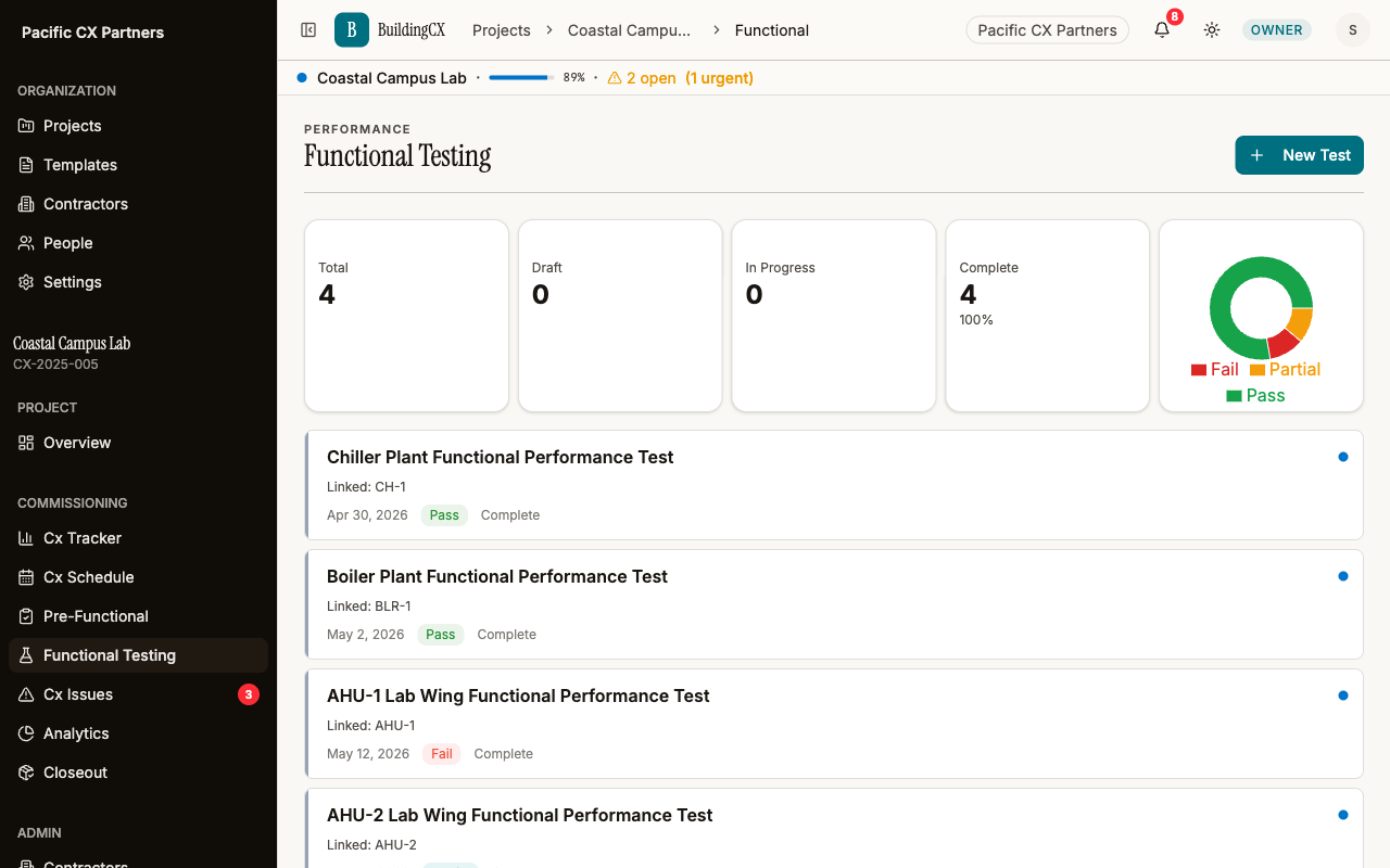BuildingCX functional test procedure showing steps with pass, fail, and partial results